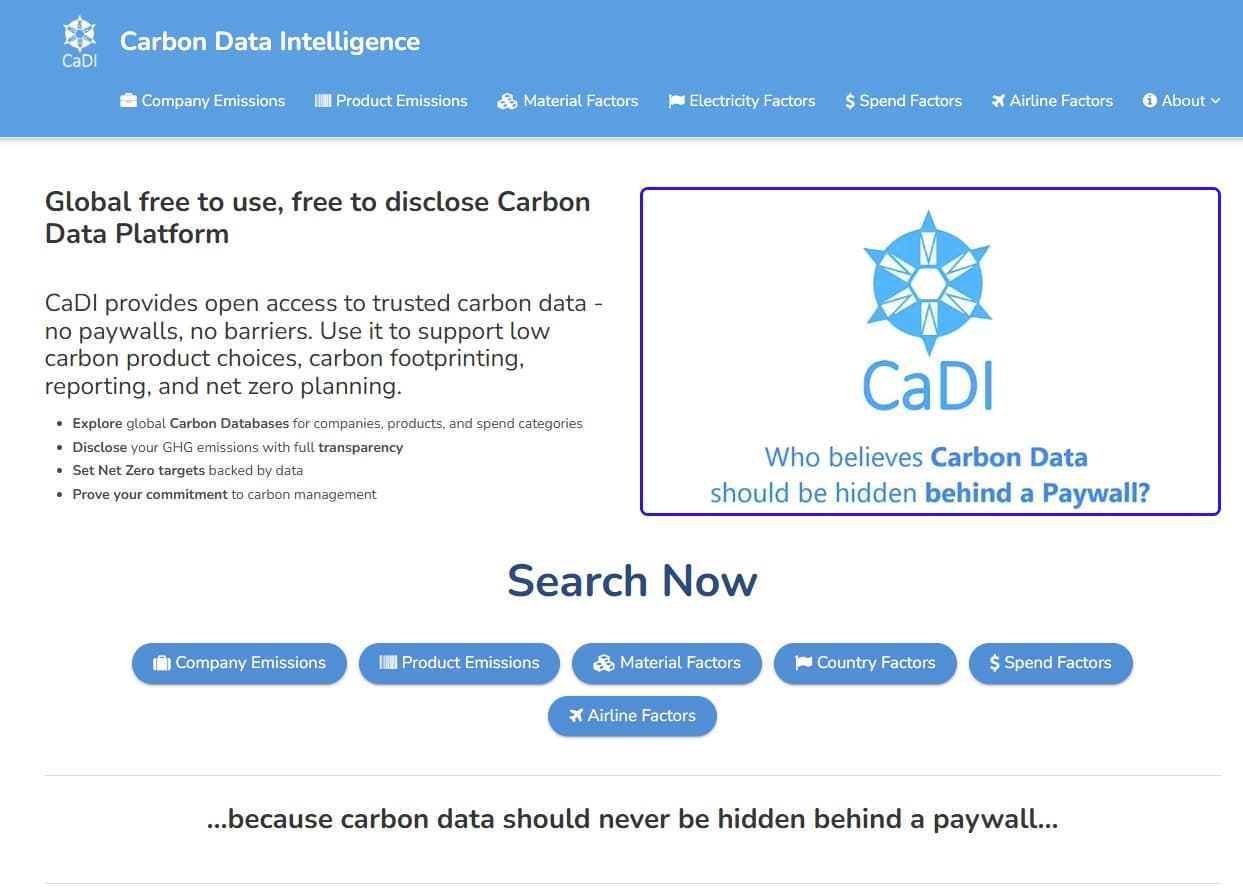 CaDI Carbon Data Intelligence platform dashboard