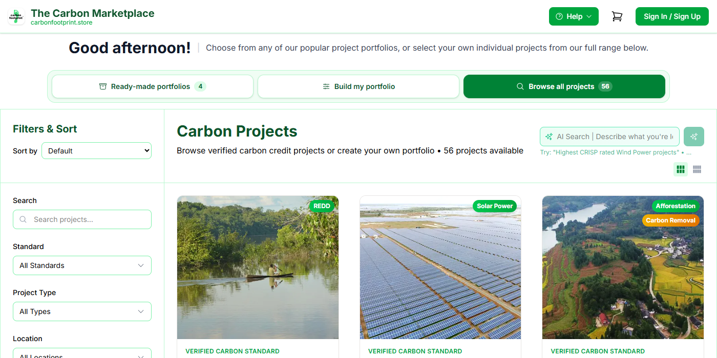 Carbon Marketplace project search with standard, type and location filters and CRISP ratings